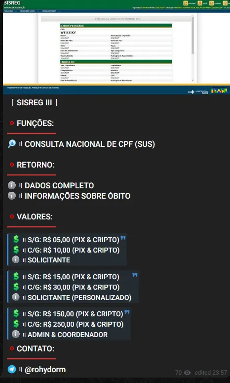 Midia22 selling SISREG access on Wa$en Telegram